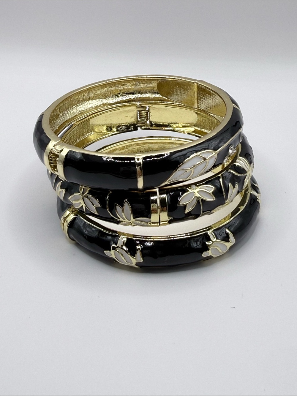 Gold-Tone Black Enamel Floral Bangle Set